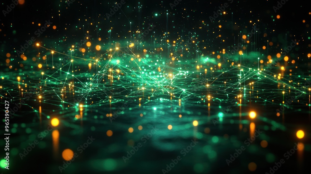 Poster a digital landscape of interconnected nodes and glowing particles.