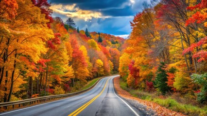 Fototapeta premium Highway road surrounded by vibrant autumn foliage , autumn, road, highway, colorful, fall, leaves, trees, season, travel, nature