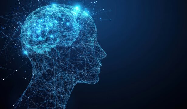 Blue digital wireframe hologram of a human head, showcasing futuristic technology and artificial intelligence concepts in a glowing network