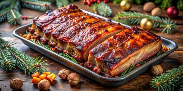 Traditional Norwegian Christmas dish of Ribbe, roasted pork ribs with crispy skin, baked in the oven on a baking sheet