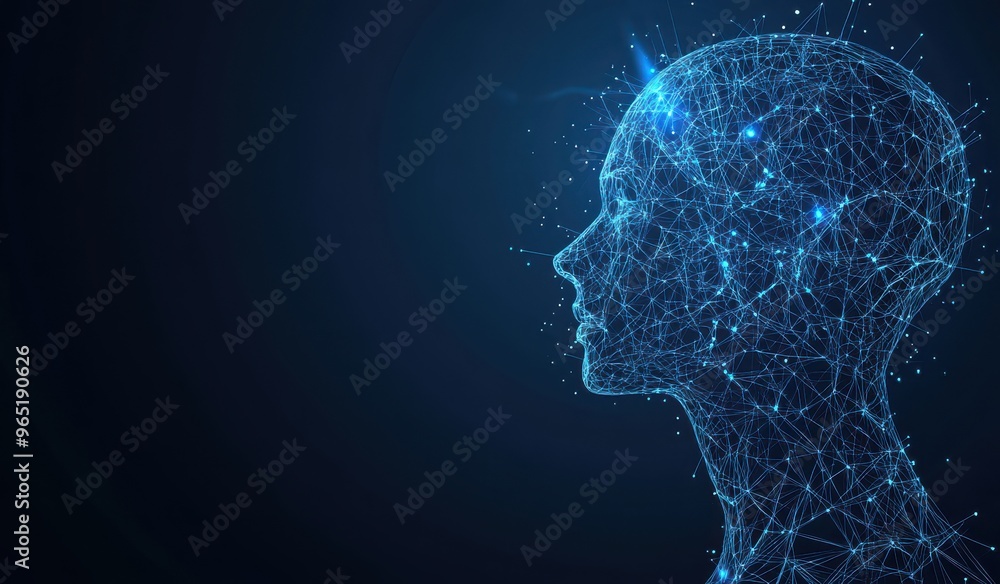 Wall mural blue digital wireframe hologram of human head representing artificial intelligence and future techno