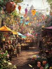 Naklejka premium A vibrant yearly celebration filled with cheerful crowds and a feast of colorful food vendors.