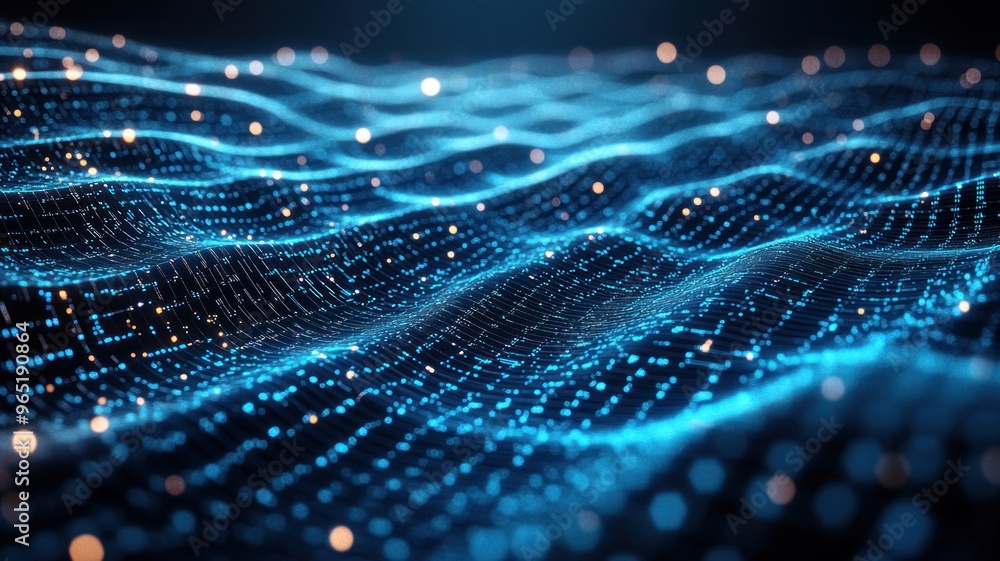 Poster abstract representation of flowing data in a digital landscape.