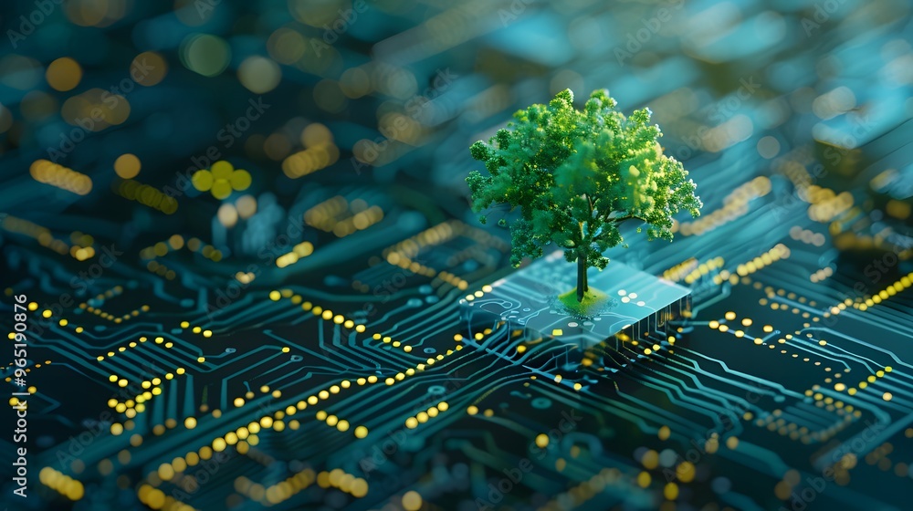 Poster green tree growing on a circuit board with glowing lights, representing the connection of nature and