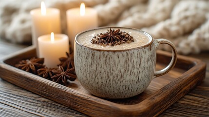 A beautifully garnished ceramic mug of anijsmelk, with anise seeds on top, placed on a wooden tray with candles and a wool blanket in the background. The warm,