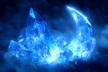 Obraz premium Glowing blue crystal formations resembling a crescent moon.