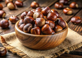 Obraz premium Rustic chestnut kernel rests in wooden bowl, its nutty texture unfolding in sharp focus, with blurred surroundings deepening the sense of intimacy.