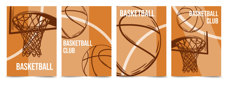 Basketball sport background set. Design cards with balls, basketball hoop and text for basketball tournament announcement, sport flyers, banners, web and print. Sport, team play concept.