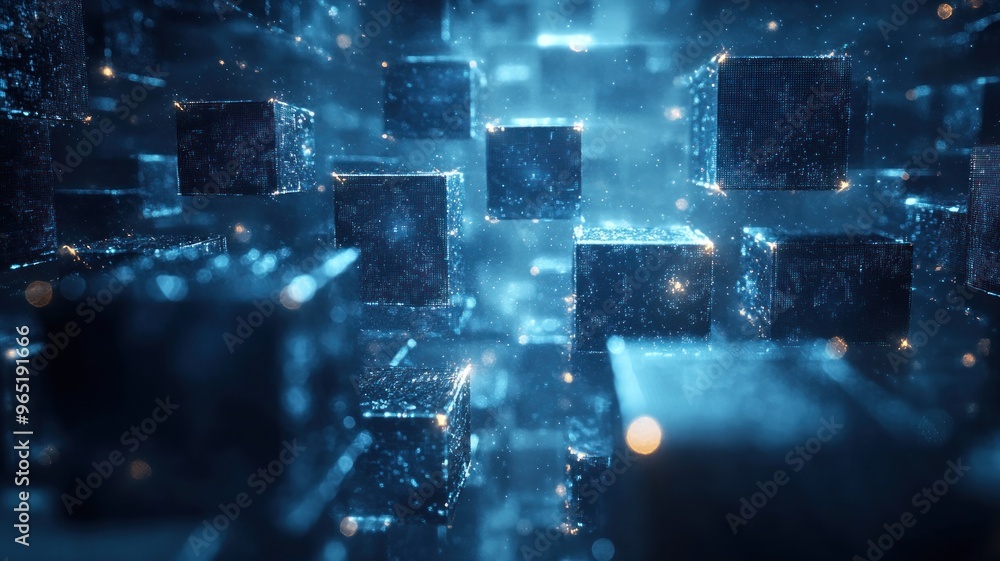 Poster abstract visualization of glowing cubes in a digital space.