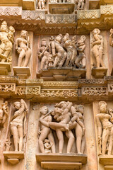 Exotic sculptures on the wall of mahadev mandir in khajuraho, madhya pradesh, India.Unesco world...