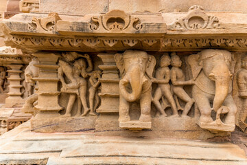 Exotic sculptures on the wall of mahadev mandir in khajuraho, madhya pradesh, India.Unesco world heritage site.