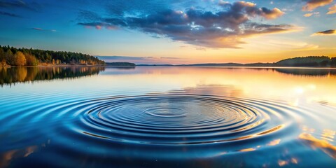 Soft, serene water ripples radiate from a central point, creating a mesmerizing pattern of concentric circles on the calm, reflective surface of a still lake.