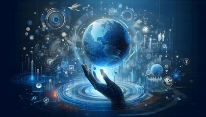 Obraz premium Creative digital blue wallpaper. Technology, innovation and landing page concept. 3D Rendering.