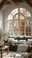 A comfortable living room with a green sofa and large arched window. This photo highlights the cozy and inviting atmosphere of a home.