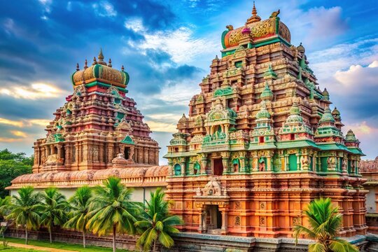 Sri Ranganathaswamy Temple's grandeur shines in this image, displaying stunning architecture, intricately carved pillars, and majestic gopurams amidst lush green surroundings in Srirangam, Tamil Nadu.