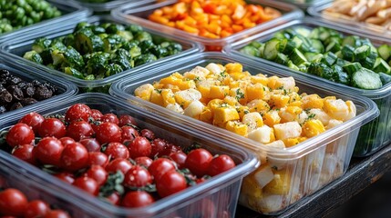 Obraz premium Fresh produce neatly arranged in containers. This photo showcases a selection of fresh vegetables, perfect for use in culinary or healthy lifestyle content.