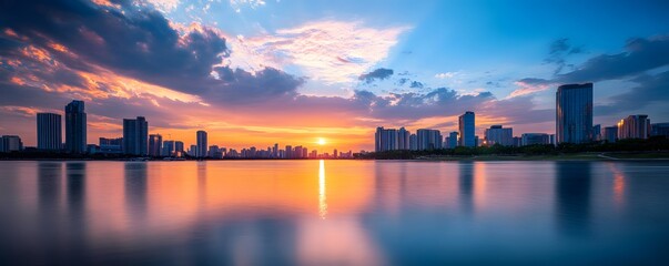 City Skyline at Sunset Reflected in Still Water