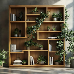Modern Wooden Bookshelf Illustration with Lush Green Plants