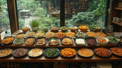 A wide selection of Asian dishes in a restaurant. This photo can be used for food blogs, articles, and social media posts about Asian cuisine.