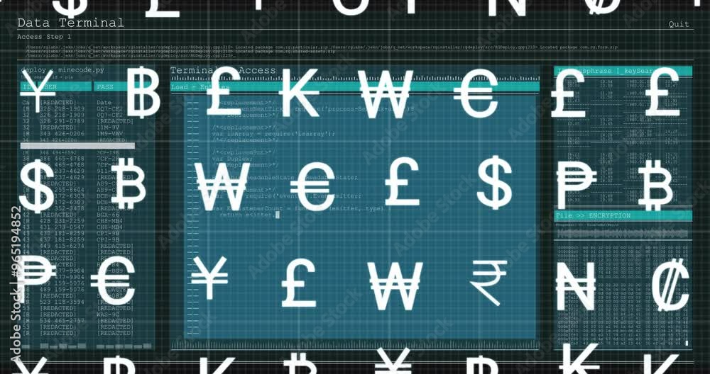 Poster animation of currency symbols over data processing on black background