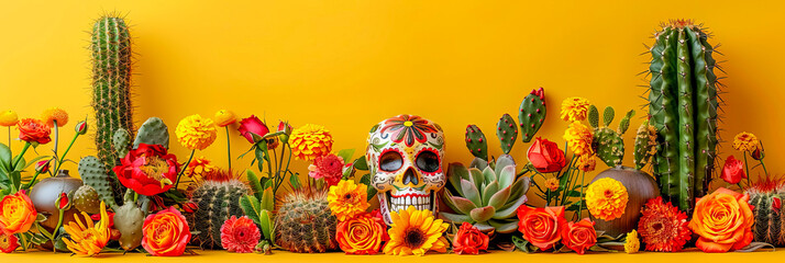 Sugar skull Calavera, decorated with flowers, on the Day of the Dead. Banner.