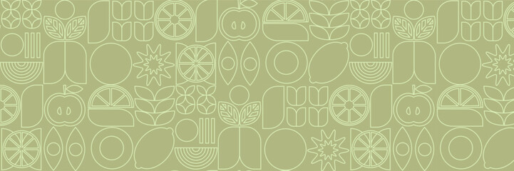 Bauhaus vegetable abstract. Geometric line drawing. Vegetables and fruits seamless pattern bauhaus. Natural flower plant with simple shape, abstract eco farming concept. Vector minimal banner