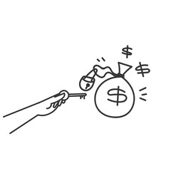 hand drawn doodle hand holding locked money bag with padlock can be opened with key