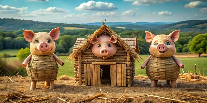 The three little pigs eagerly surveyed their new homes in the field, admiring the wood, brick, and straw constructions that would soon protect them from harm.