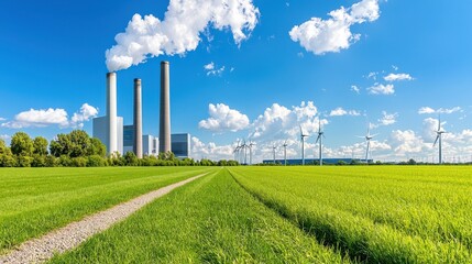 Industrial plant with towering chimneys belching smoke into the sky, a stark contrast against the mountainous backdrop