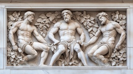 Obraz premium A fictional sculpture of three men sitting on a wall with leaves, AI