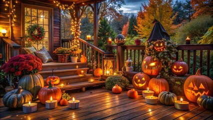 Obraz premium Spooky and festive Halloween decorations transform the wooden deck into a whimsical gathering spot for friends and