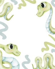 Obraz premium Frame of baby green snakes. Hand drawn watercolor illustrations. Template of little cute serpents. Isolated Layout for kid's postcards, poster, baby shower and children's room