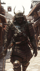 Fototapeta premium A samurai wearing menacing armor made from oni material, with a helmet, walking through an Edo period town during bright daylight