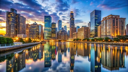 Fototapeta premium Vibrant cityscape of downtown Chicago at dusk, featuring illuminated skyscrapers, bustling streets, and picturesque reflections on Lake Michigan's calm waters.