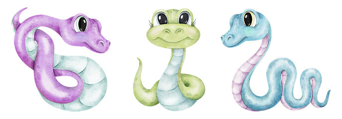 Set of Cute colorful snakes. Isolated hand drawn watercolor Baby illustration. Symbol 2025 Chinese Year. For Christmas Cards, Scrapbooking, Textile, Sublimation printing