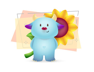Cute blue cartoon monster illustration.
Horned animal, sunflower, surprise. Gift concept. Vector illustration can be used
for topics like kids, cartons, presents