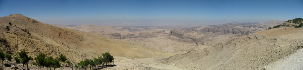 Valley of Moses or Wadi Musa panoramic desert view with green trees on sunny day