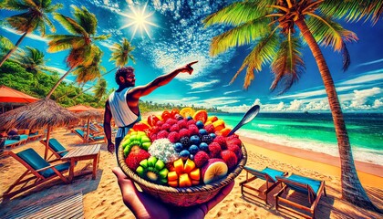  "Brazilian Vendor Holding Acai Bowl Basket at Vibrant Beach"