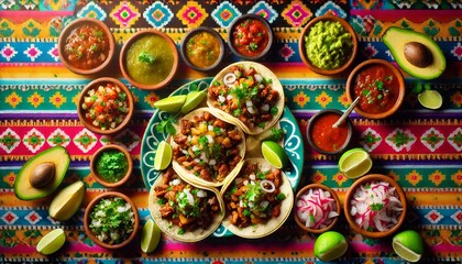  "Tacos Al Pastor with Assorted Sauces on a Colorful Mexican Background"
