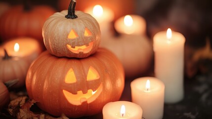 Halloween Pumpkins And Candles On Wooden.