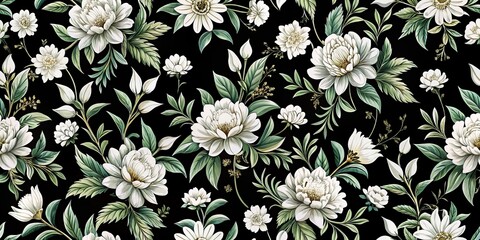 Elegant White Floral Pattern on Black Background, floral pattern , seamless pattern , floral background
