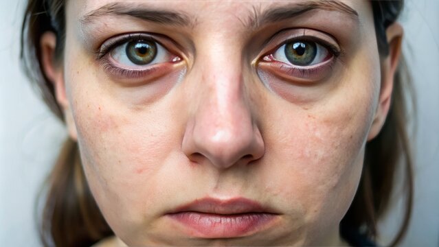 Swollen and puffy eyes, a debilitating feature of hypothyroidism, dominate the close-up shot, marred only by the faint