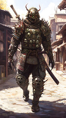 Obraz premium A samurai wearing menacing armor made from oni material, with a helmet, walking through an Edo period town during bright daylight
