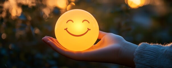 Hand holding glowing smiley face ball, warm sunset background. Happiness and positivity concept