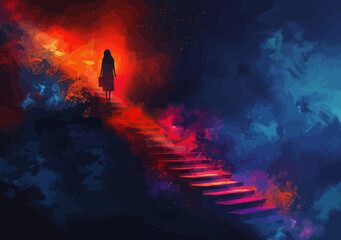 Career Progression Concept - Business Professional with Briefcase Ascending Illuminated Staircase in Vibrant Abstract Setting at Night, Symbolizing Growth and Success in Career Development