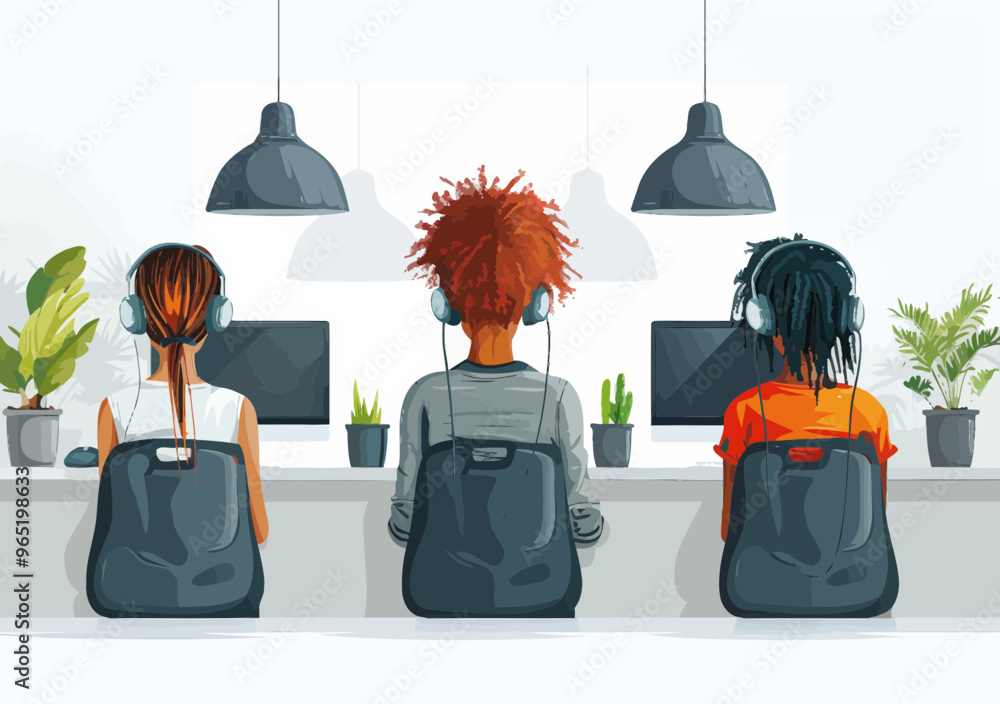 Poster customer service call center hotline operators with headsets providing 24/7 technical support - mini