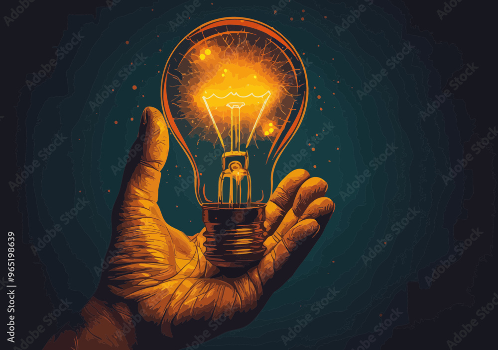Poster manager solving problem by holding light bulb missing a part, symbolizing new idea, innovative solut