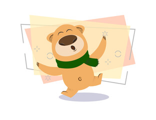 Joyful cartoon bear in green scarf dancing and having fun. Winter concept. Vector illustration can be used for topics like holiday, vacation, Christmas or New Year party
