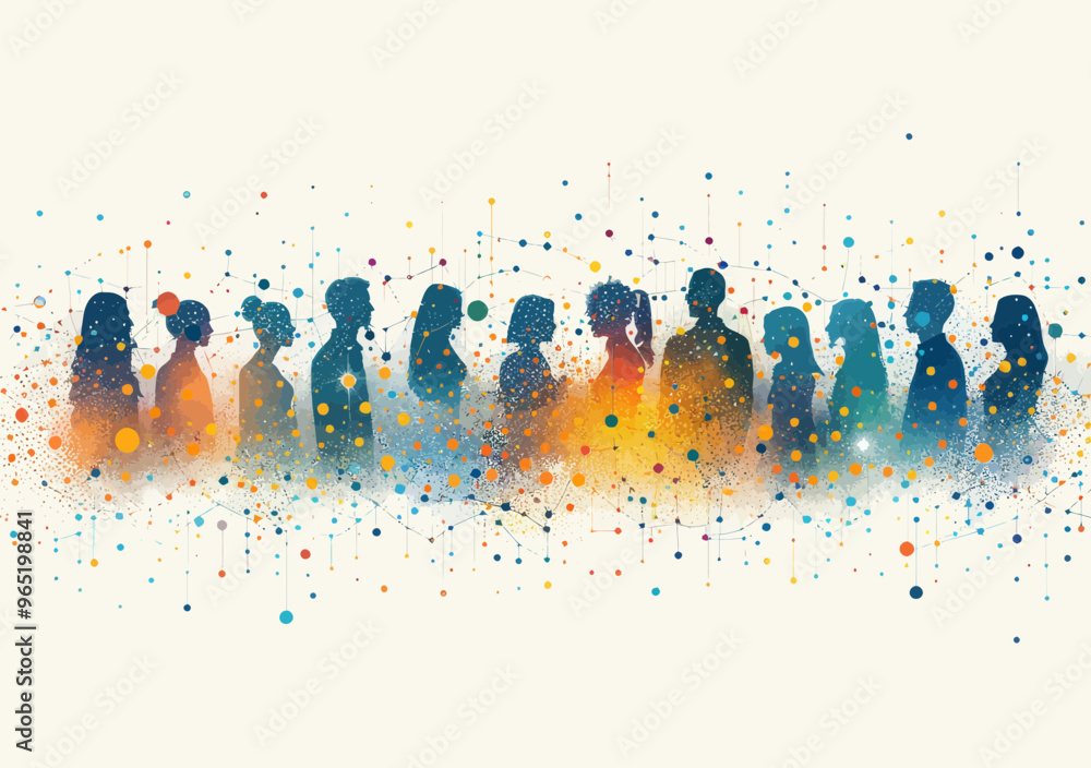 Poster diverse global business team network connected by dots minimalistic vector illustration conceptualiz