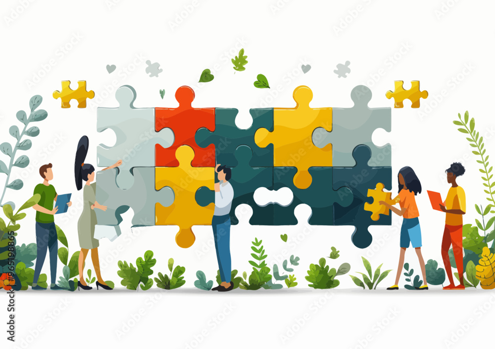 Poster collaborative problem solving vector illustration: diverse group holding puzzle pieces in minimalist